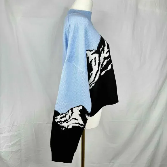Divided Blue Graphic Crew Neck Long Sleeve Pullover Sweater Women Large Mountain - Picture 5 of 13